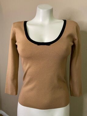 U-KNIT caramel silk blend knit retro look bow neck rockabilly sweater top S 💙